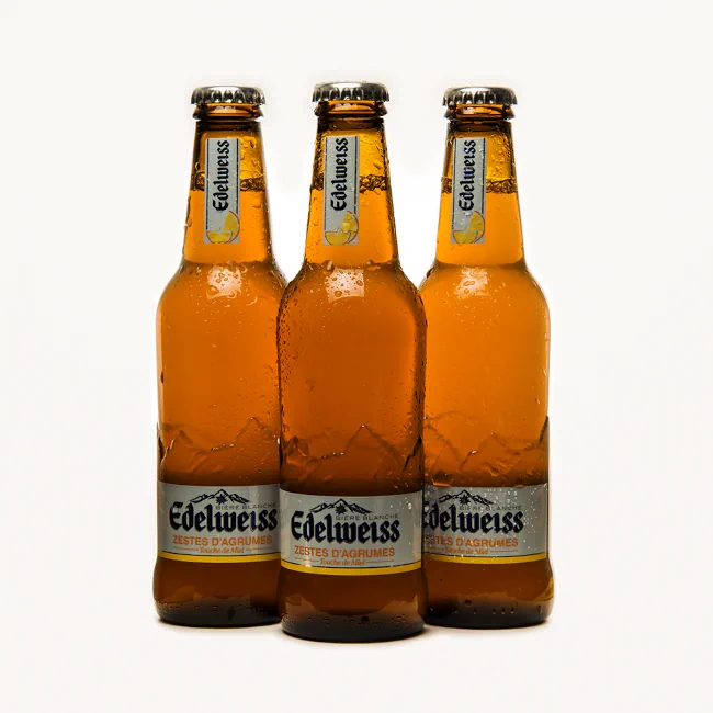 Pack-shot bière Edelweiss. photo ©2023 Lionel Gibaudan