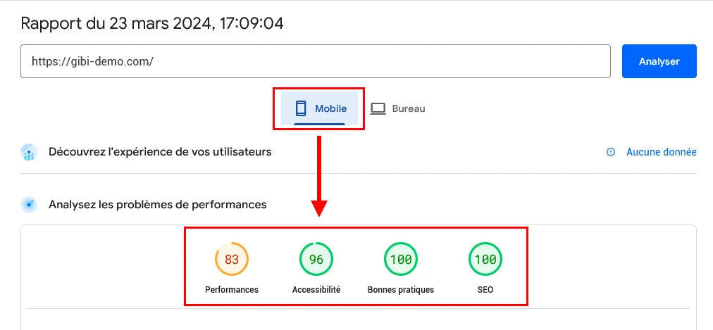 test de performance gibi-demo.com sur smartphone